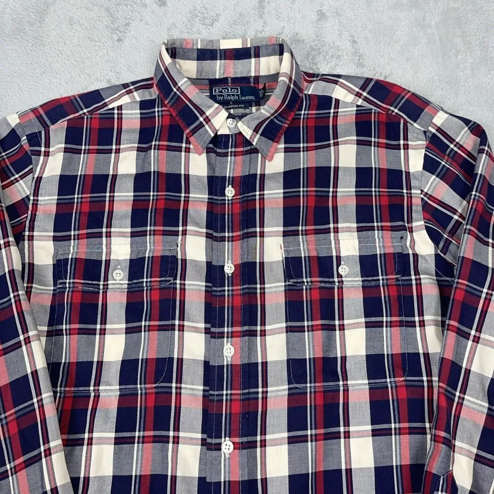 Vintage Ralph Lauren Shirt‎ Mens Large Red White  Blue Tartan Plaid Button Up